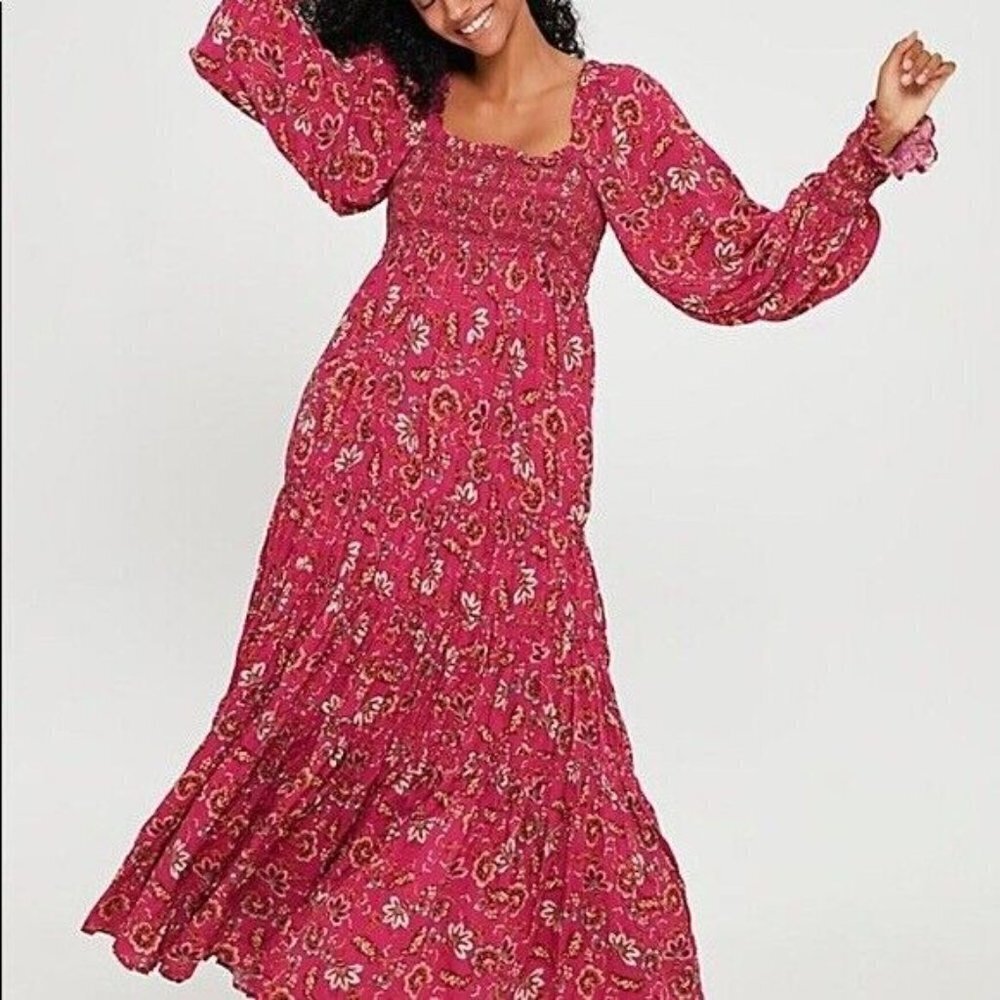Free People Sweet Escape Smocked Shirred Maxi Dress Size S Boho Pink Floral NEW - Picture 2 of 9